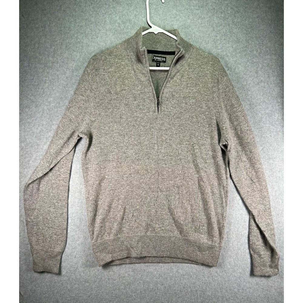 Express Sweater Mens M Gray Cashmere Knit 1/4 Zip Mock Neck Long Sleeve
